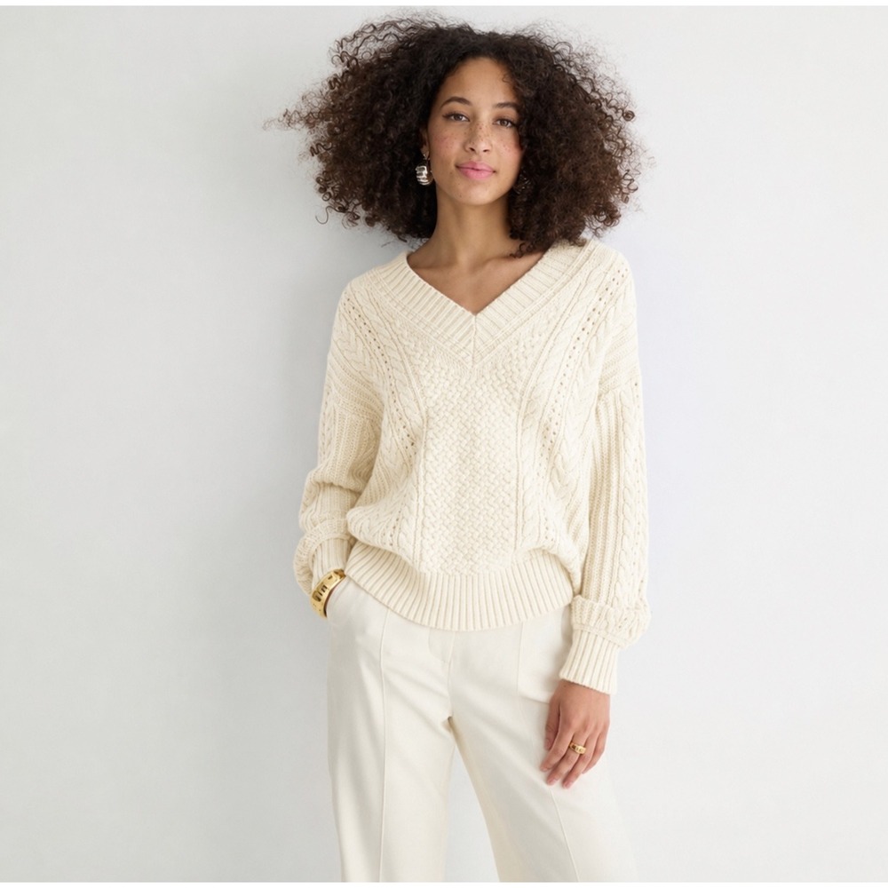 J.Crew | V-Neck Pullover Sweater XL Ivory Cotton Cable-Knit BM951 Fisherman